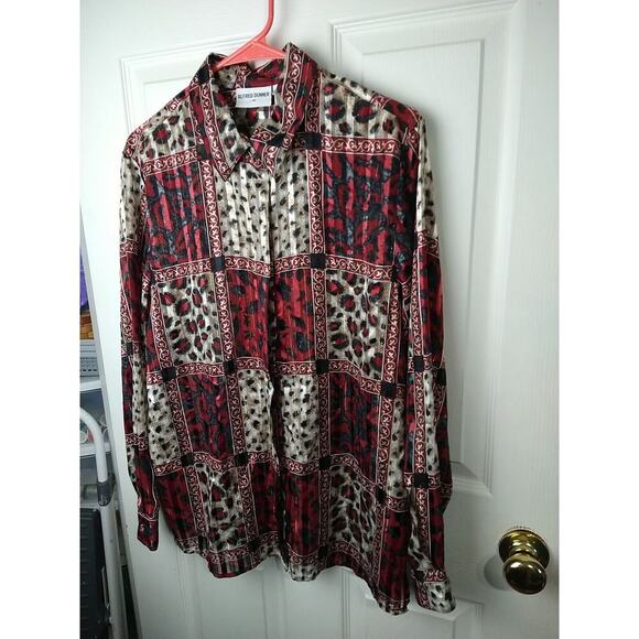 Alfred Dunner Woman 14 Blouse Red Colorblock Animal Print Semi Sheer Button... - Picture 2 of 10
